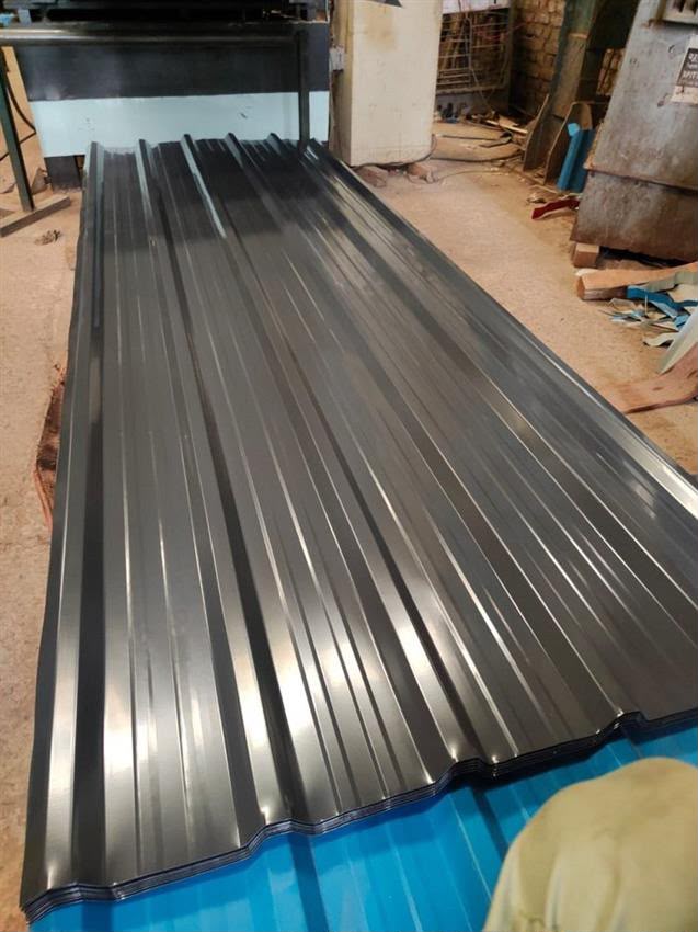 Dark colour-coated roofing sheets at the shop